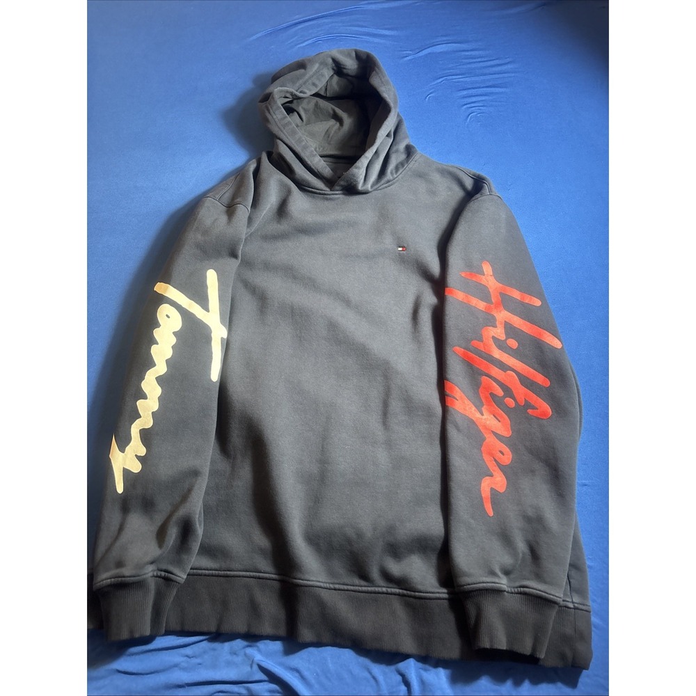 Tommy Hilfiger Mens Navy Blue Hoodie Sleeve Logo Sweatshirt Sz 3X Cozy Warm